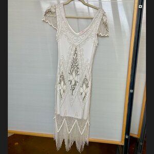 1920s Flapper Dress White Beaded Drop Waist Midi Party Dress